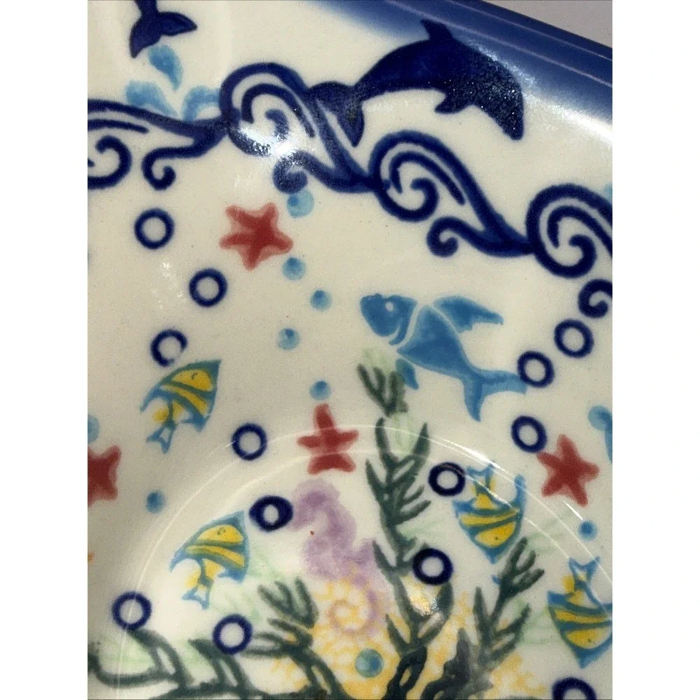 Boleslawiec Polish Pottery Bowl Marine Hand Made UNIKAT Green & Blue Poland